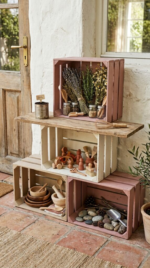 8 four wooden produce crates stacked in a stepped py