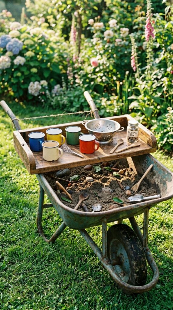 12 Simple Mud Kitchen Ideas for a Fun Play Area 8 image prompt a vintage style metal wheelbarrow rep