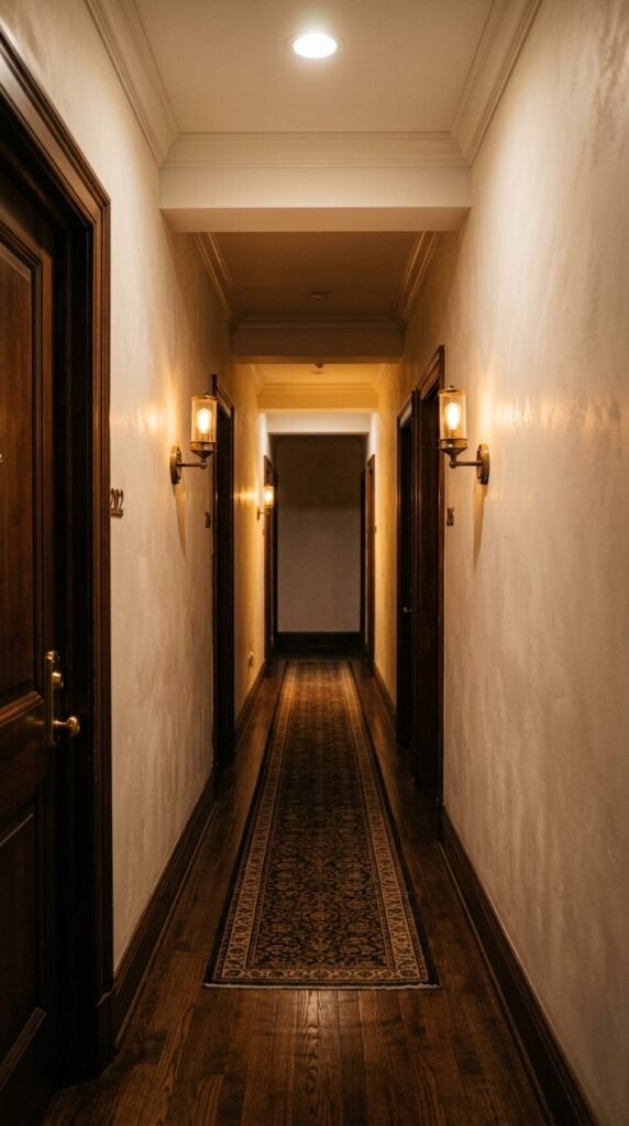 8 image prompt a narrow hallway at evening lit by tw