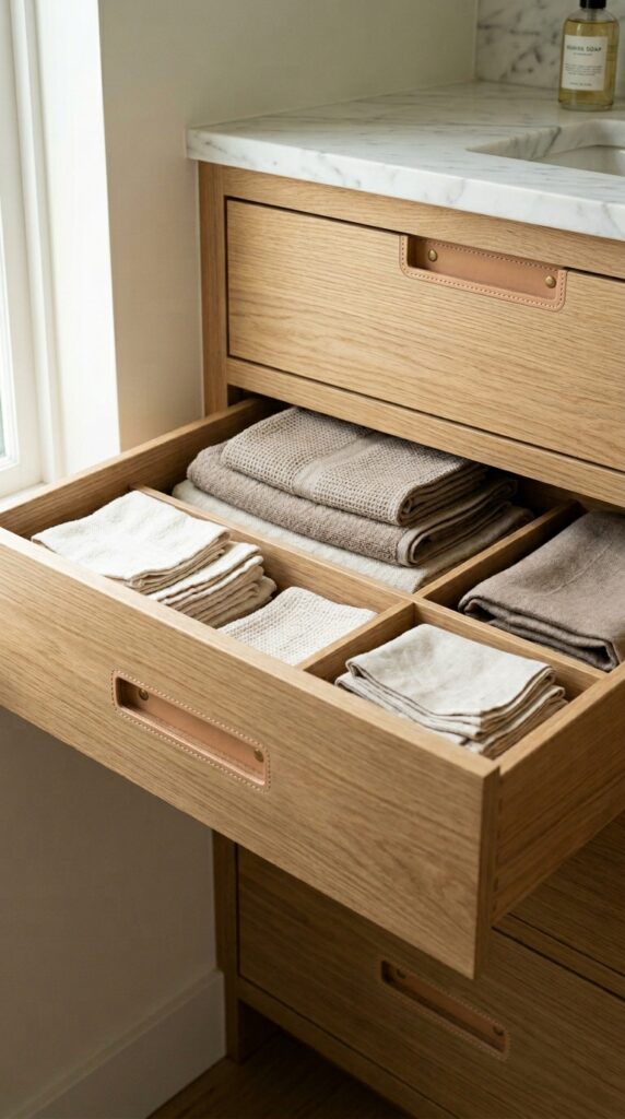 9 a close up shot of three deep wooden drawers in a 