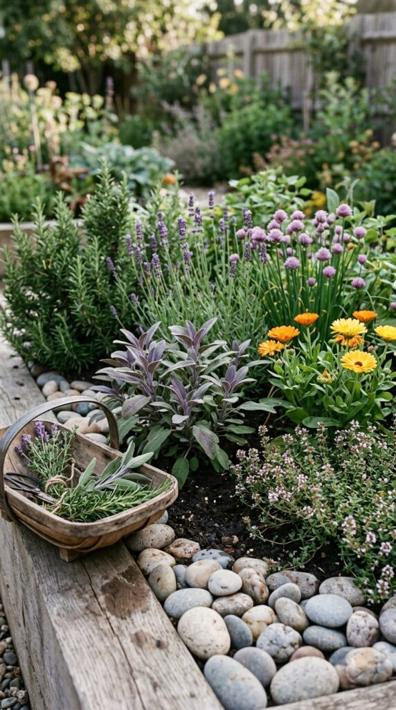 9 a medium close photograph of a flower bed edged wi