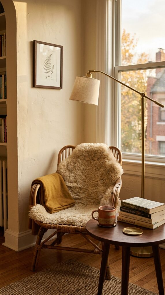 9 a medium close shot of a cozy reading nook tucked 