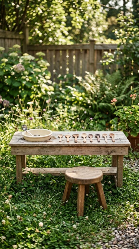 12 Easy Mud Kitchen Ideas for a Small Backyard 9 a single short wooden counter at low stool height