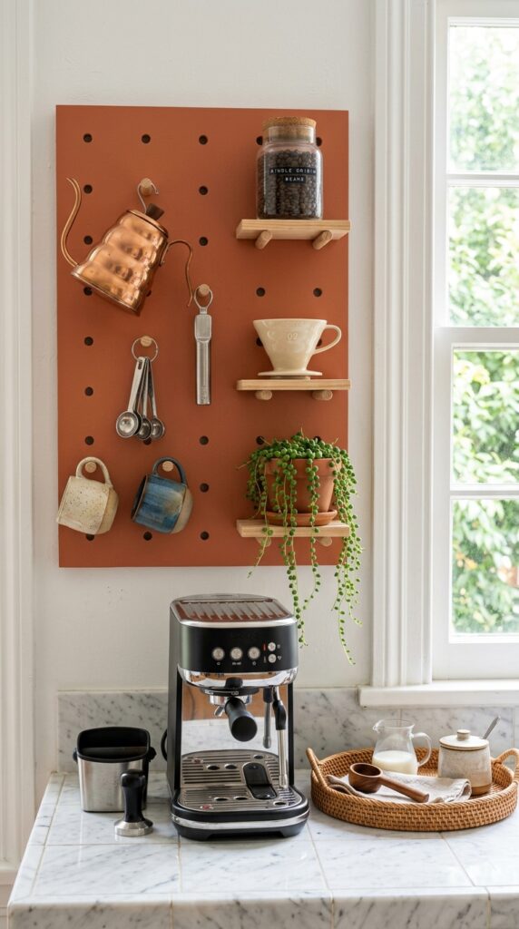 9 a wall mounted painted pegboard in warm terracotta