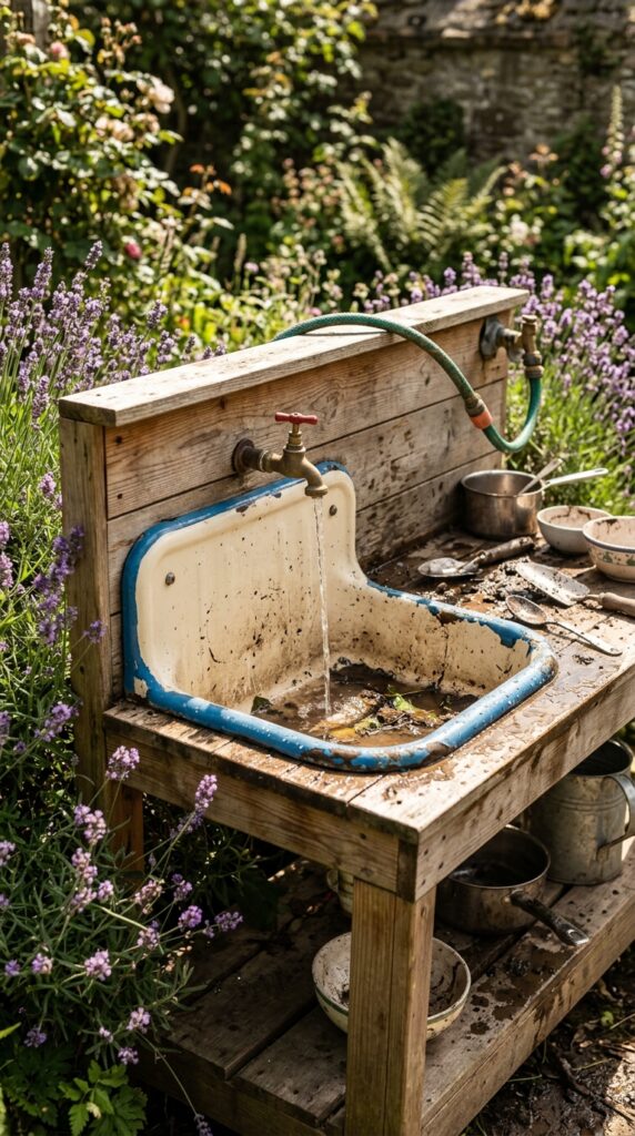 9 a weathered enamel washbasin in cream with chipped