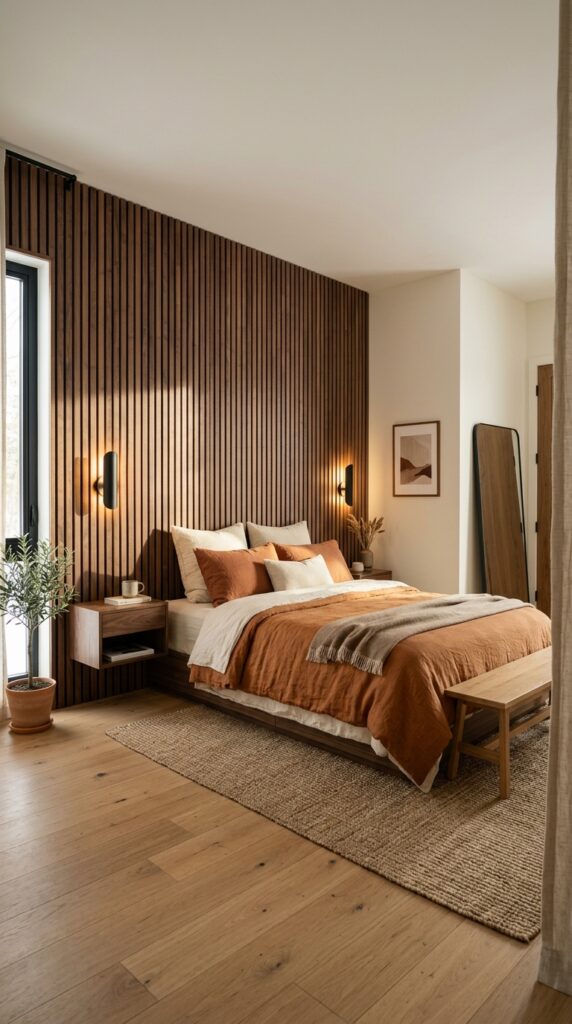 12 Retro Bedroom Ideas With A Modern Stylish Twist 9 a wide shot of a bedroom feature wall covered in v