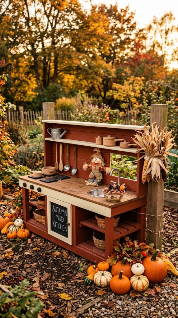 9 a wooden mud kitchen painted in warm autumn tones 