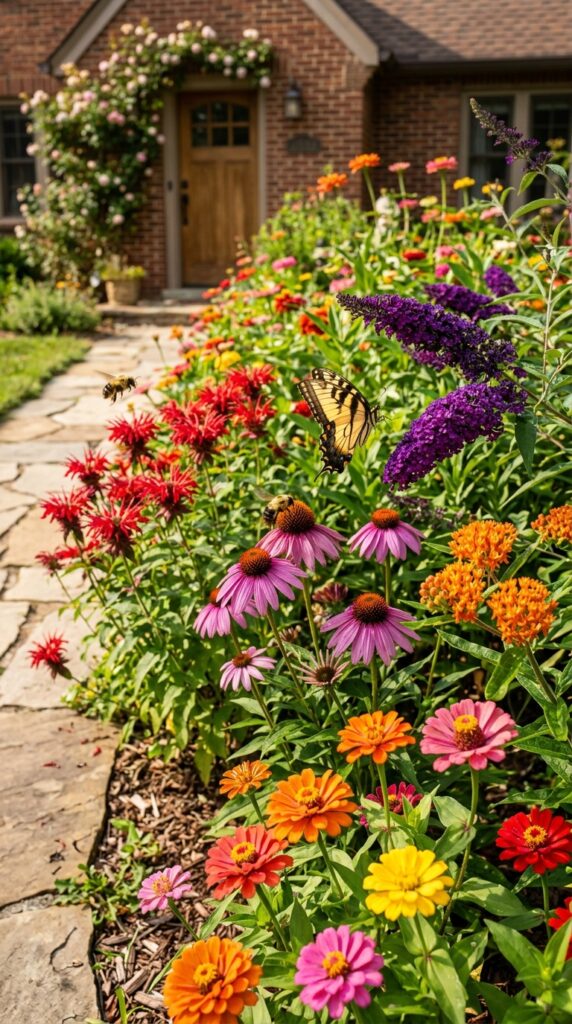 9 image prompt a vibrant flower bed alive with bees 