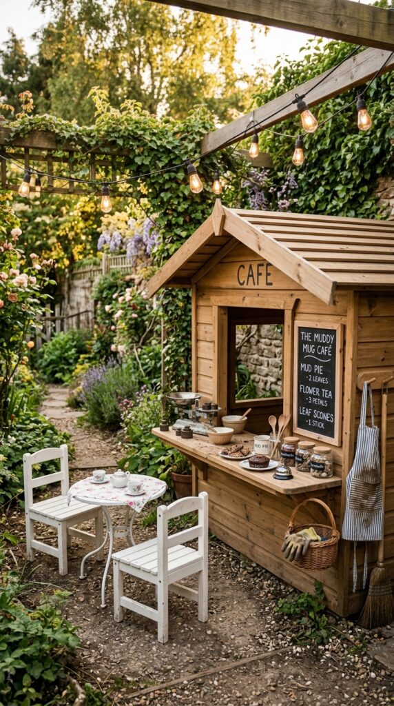 9 image prompt a wide shot of a mud kitchen styled a