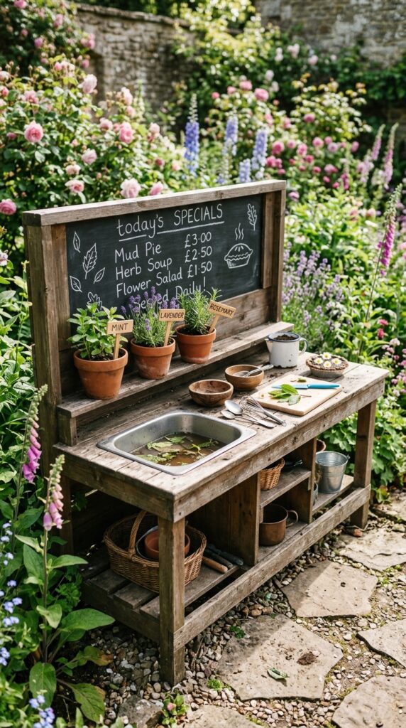 12 Simple Mud Kitchen Ideas for a Fun Play Area 9 image prompt a wooden outdoor mud kitchen with sma