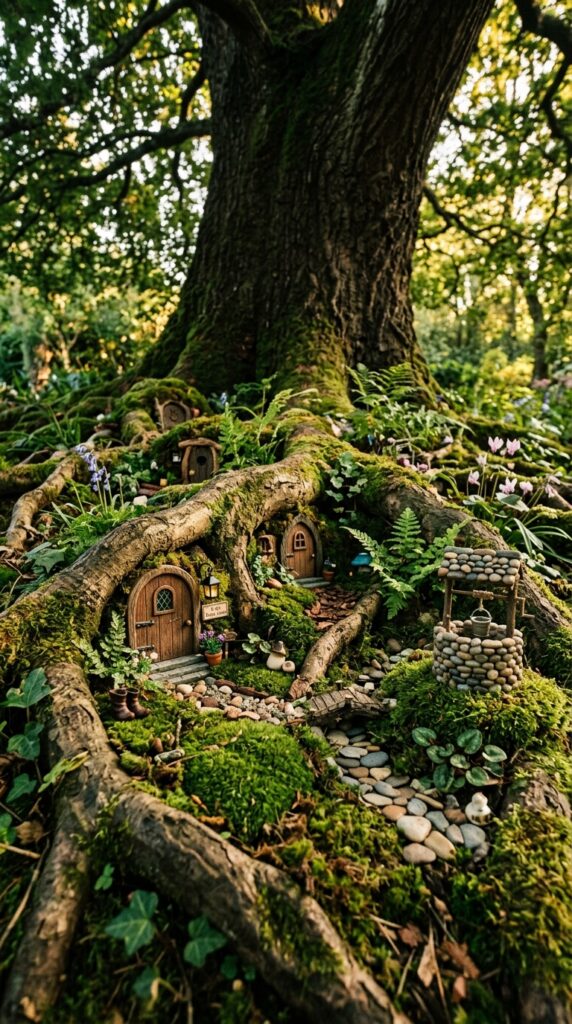 9 image prompt the base of a large garden tree surro