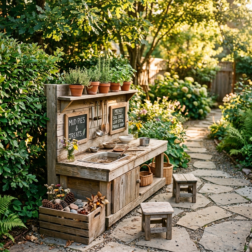 wooden mud kitchen backyard scene 202605080755