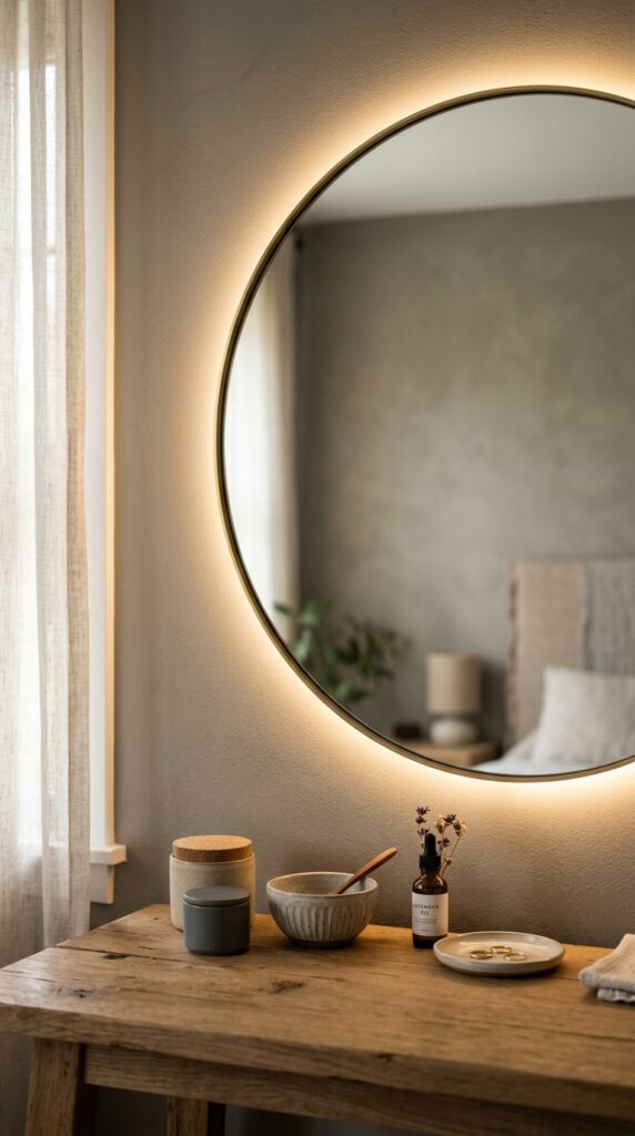 25 Vanity Ideas For A Bedroom With A More Luxurious Touch 001 close up of a large round mirror mounted on a warm