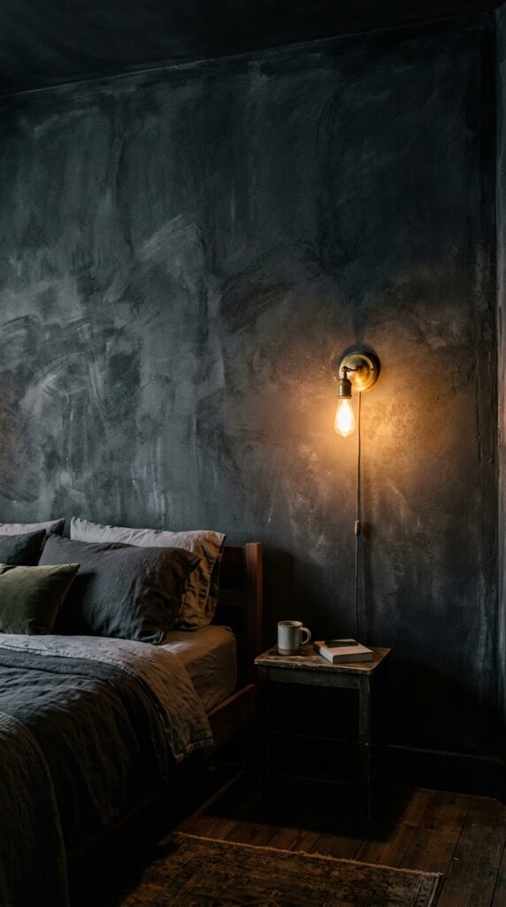 25 Moody Bedroom Ideas For A Rich And Dramatic Feel 001 image prompt a bedroom wall finished in black lime