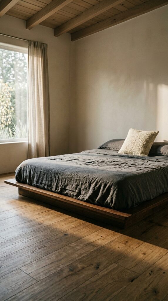 001 image prompt a low slung wooden platform bed with 