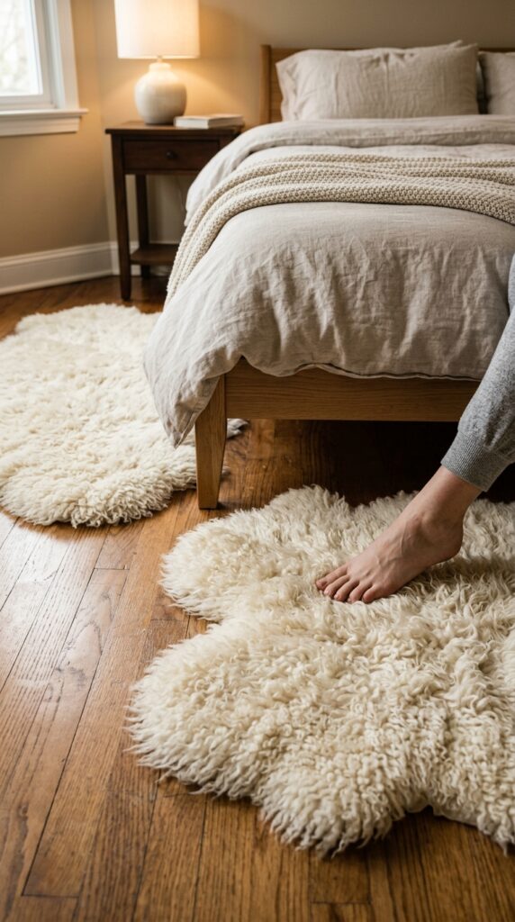 25 Cozy Bedroom Ideas That Make Your Space Feel More Inviting 002 a pair of sheepskin rugs one on each side of a bed