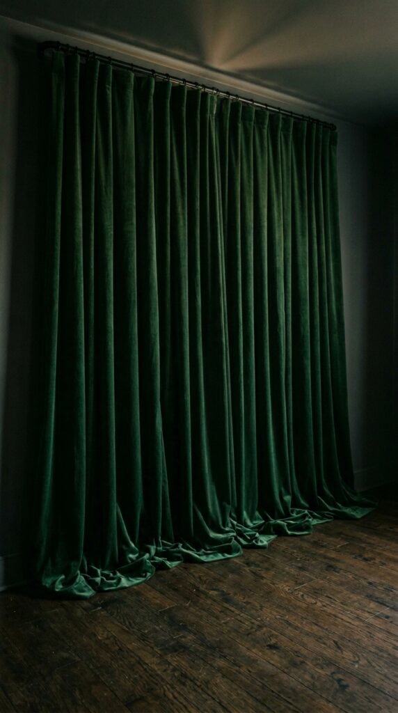 25 Moody Bedroom Ideas For A Rich And Dramatic Feel 002 image prompt heavy velvet curtains in deep forest