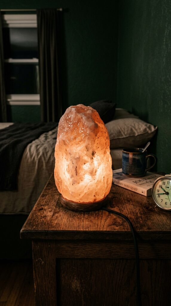 25 Cozy Bedroom Ideas That Make Your Space Feel More Inviting 003 a himalayan salt lamp on a dark wooden nightstand