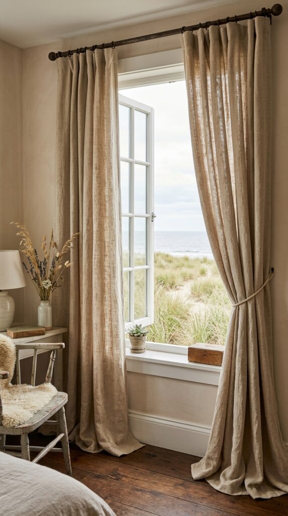 003 a bedroom window dressed in floor length unbleache