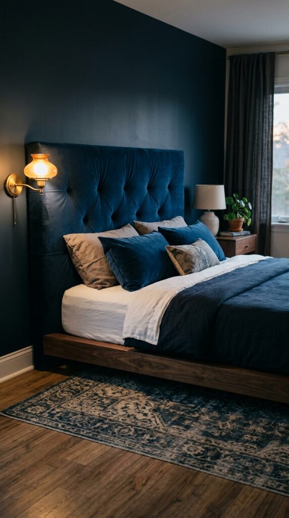 003 a low platform bed with a headboard upholstered in