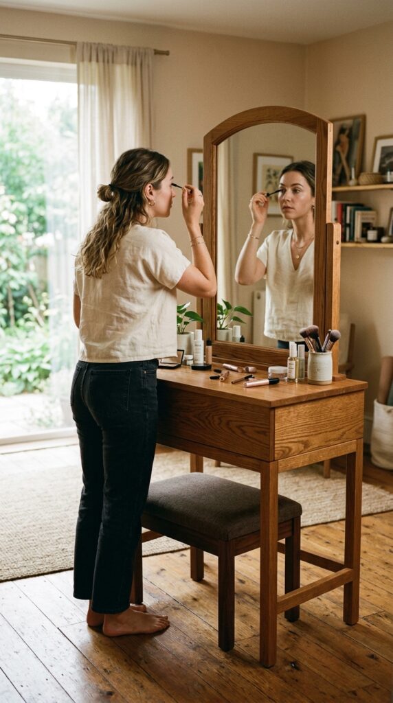 25 Vanity Ideas For A Bedroom With A More Luxurious Touch 003 a woman standing at a slightly elevated wooden van