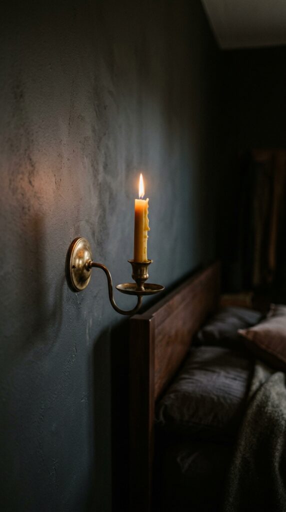25 Moody Bedroom Ideas For A Rich And Dramatic Feel 003 image prompt a single antique brass wall sconce ho