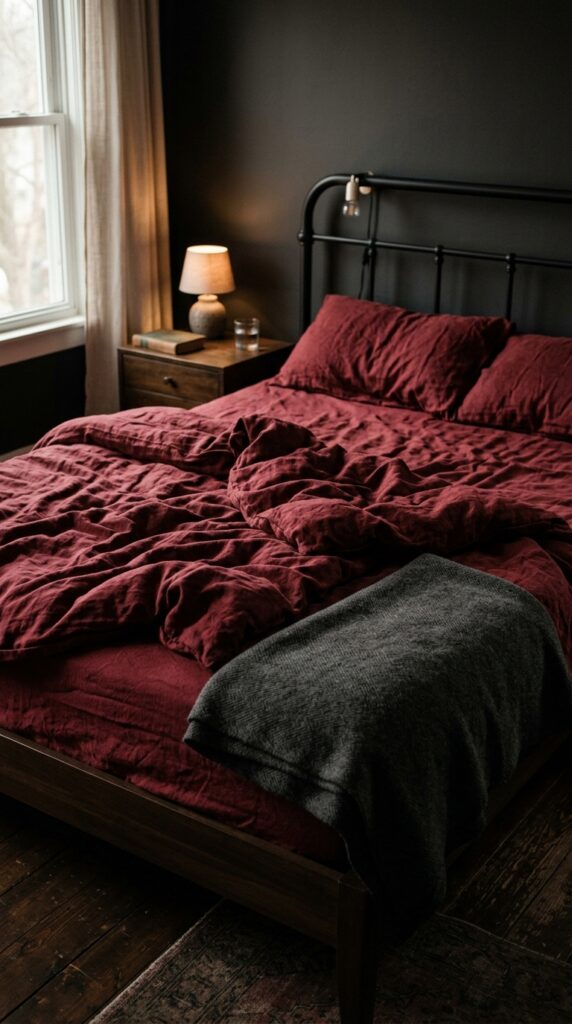 25 Moody Bedroom Ideas For A Rich And Dramatic Feel 004 image prompt a bed dressed in deep crimson linen s