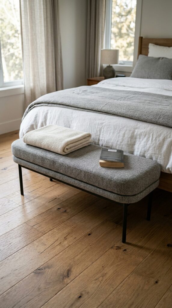 004 image prompt a low upholstered bench at the foot o