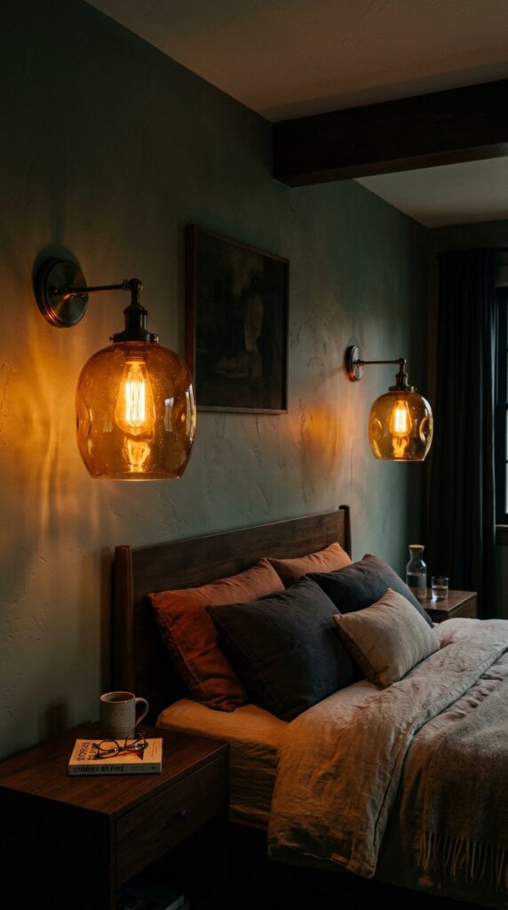 004 two wall sconces with hand blown amber glass shade