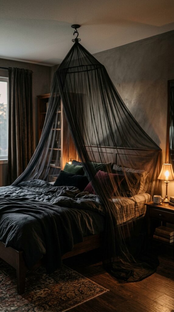 005 a canopy made of sheer black voile fabric draped f