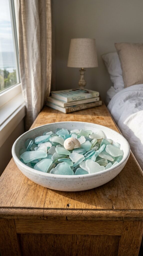 005 a shallow white ceramic bowl on a nightstand fille