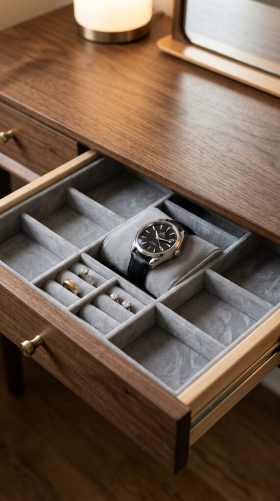 25 Vanity Ideas For A Bedroom With A More Luxurious Touch 005 open drawer of a wooden vanity showing a custom in