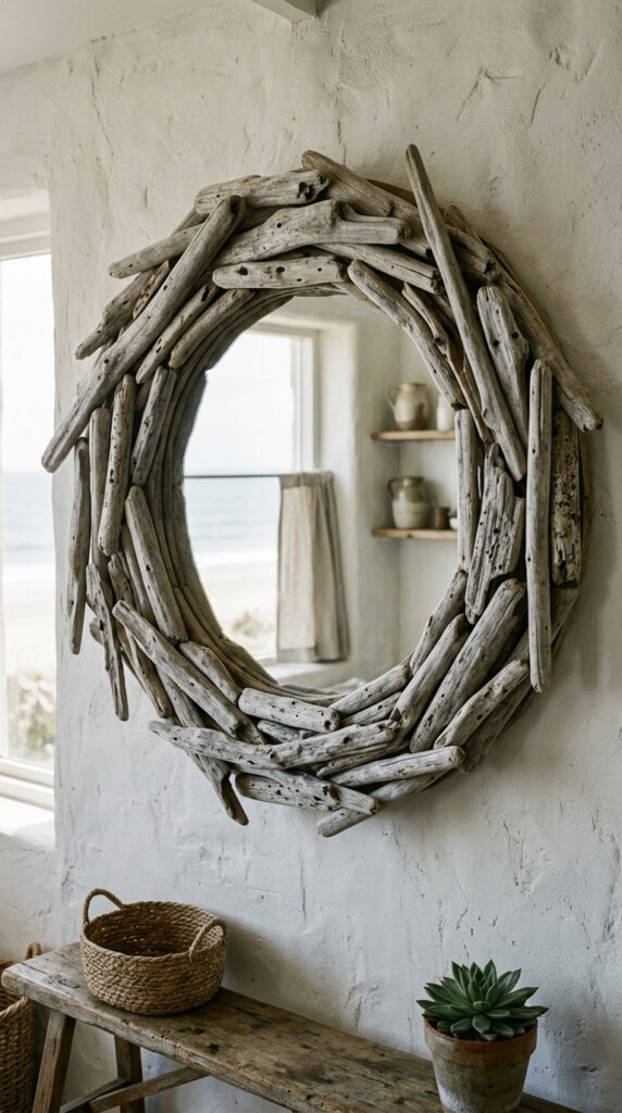 006 a large round mirror with a frame made of pieces o