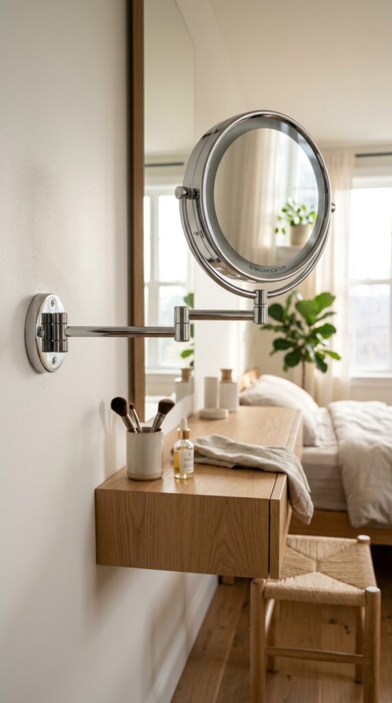 25 Vanity Ideas For A Bedroom With A More Luxurious Touch 006 a sleek chrome swing arm mirror attached to the wa
