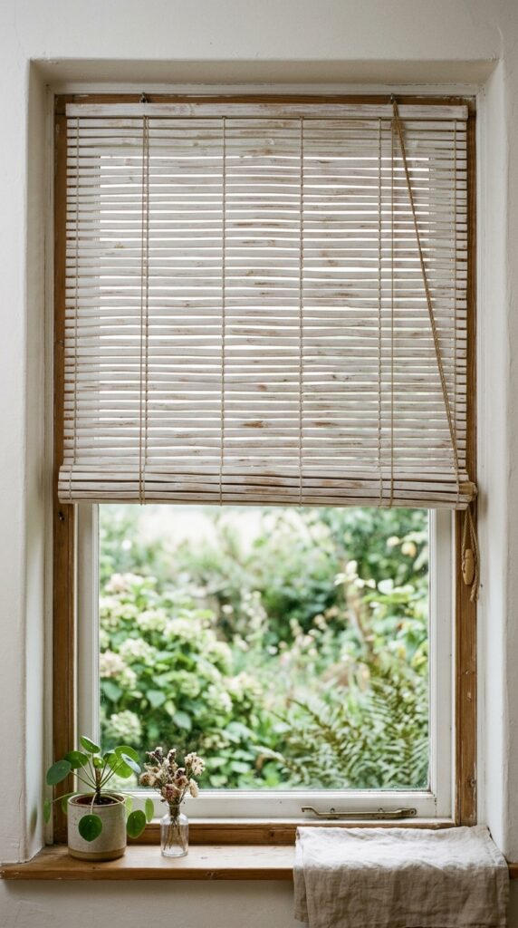007 a bedroom window covered with white washed bamboo 