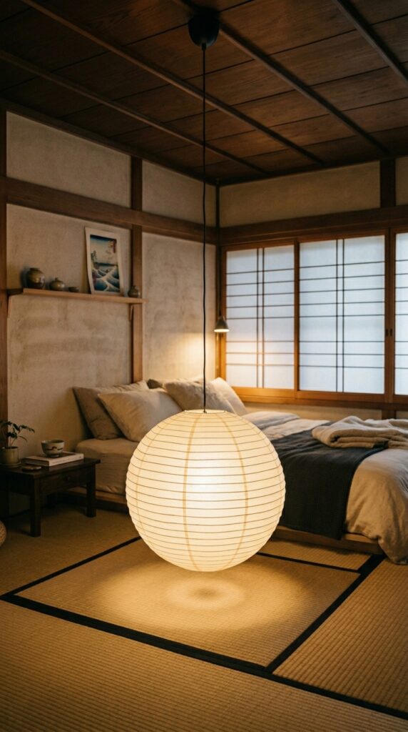 25 Cozy Bedroom Ideas That Make Your Space Feel More Inviting 007 a round paper lantern pendant light hanging from a