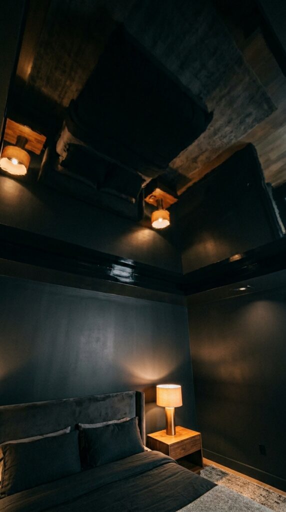 25 Moody Bedroom Ideas For A Rich And Dramatic Feel 007 image prompt a bedroom ceiling painted high gloss