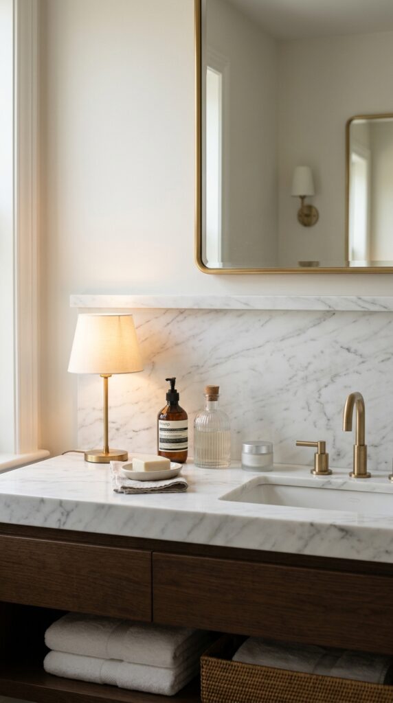 25 Vanity Ideas For A Bedroom With A More Luxurious Touch 007 view of a white marble vanity countertop with a ma