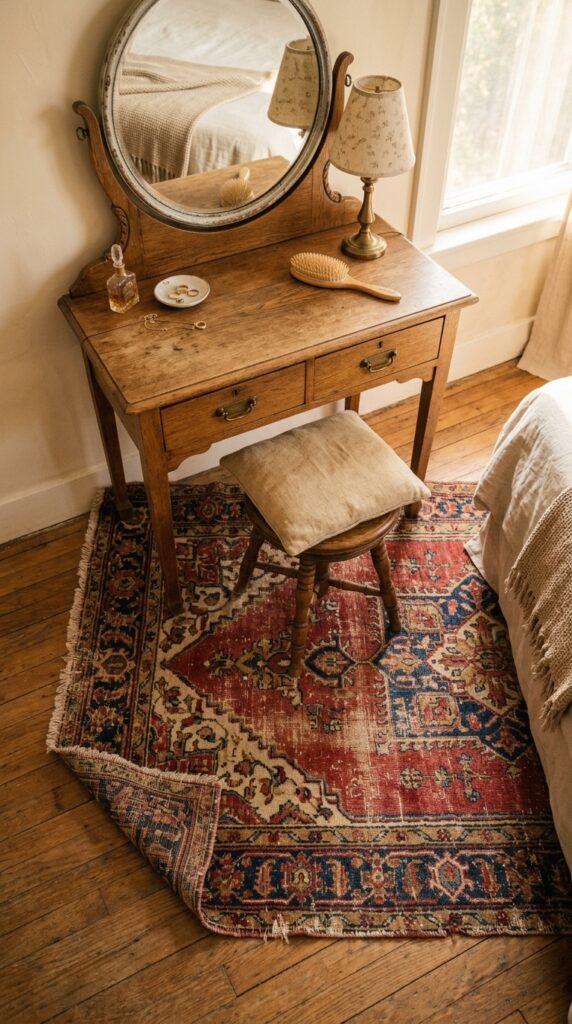 25 Vanity Ideas For A Bedroom With A More Luxurious Touch 008 view from above of a wooden bedroom vanity with a