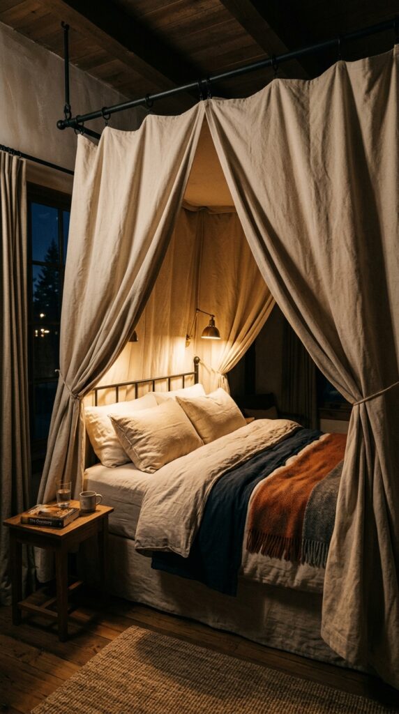 25 Cozy Bedroom Ideas That Make Your Space Feel More Inviting 009 a bed with a canopy made of heavy unbleached cotto