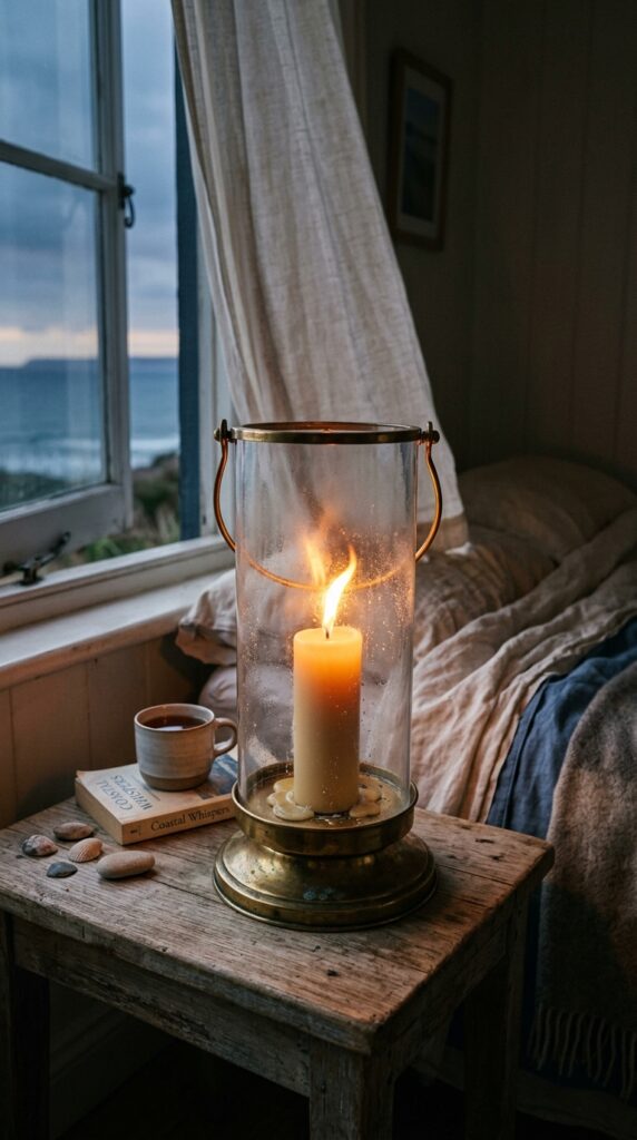 009 a glass hurricane lantern on a bedside table holdi
