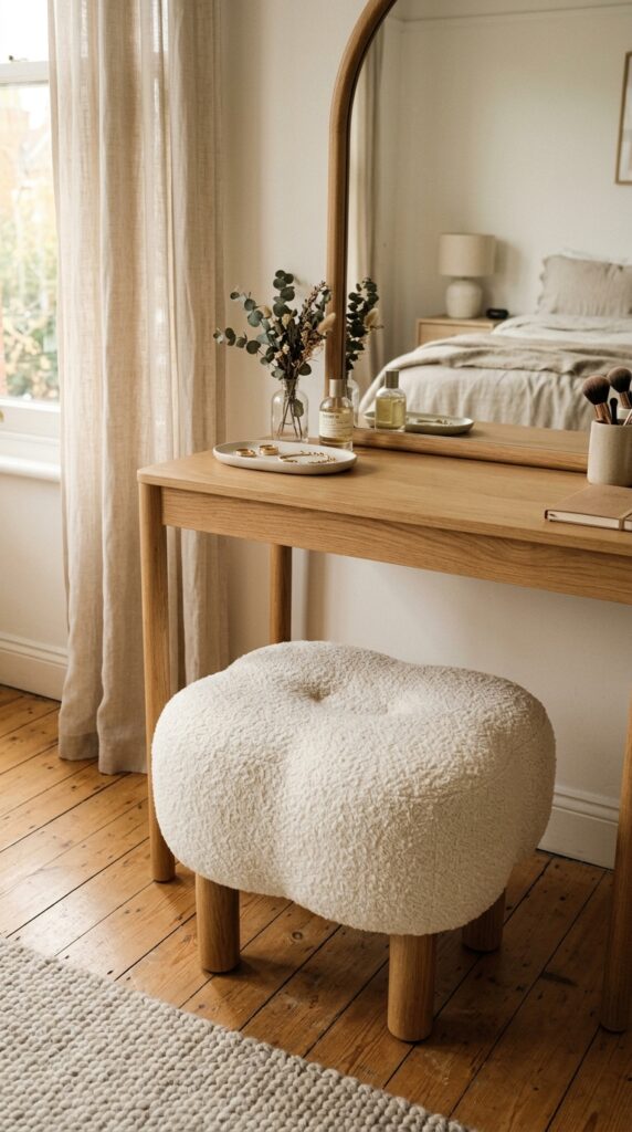 25 Vanity Ideas For A Bedroom With A More Luxurious Touch 009 a low sculptural stool with a thick bouclé fabric