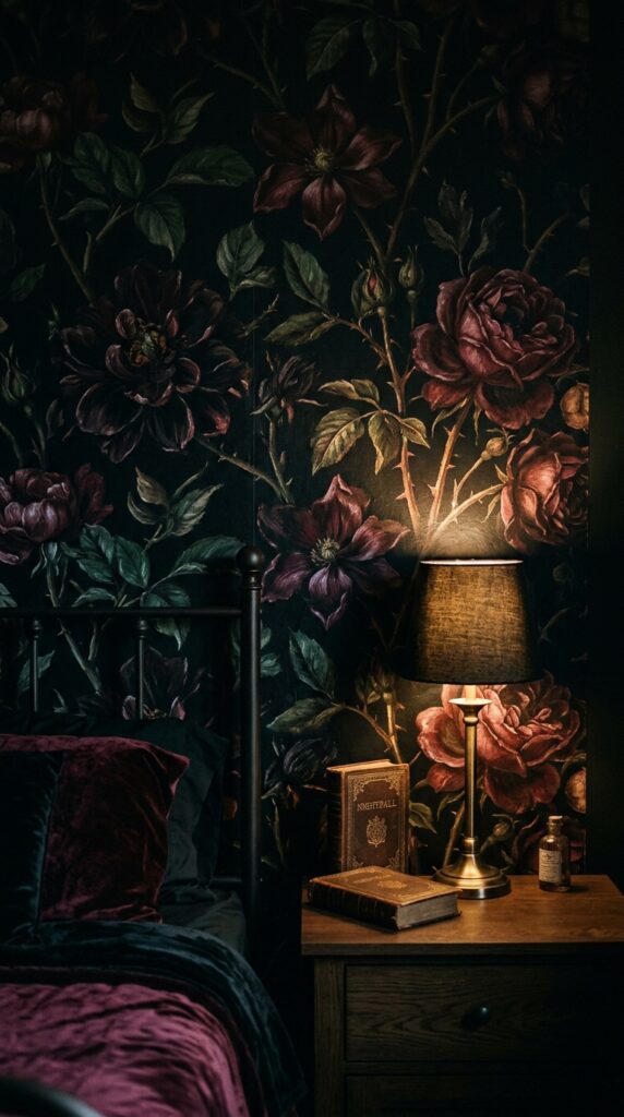 25 Moody Bedroom Ideas For A Rich And Dramatic Feel 009 image prompt a bedroom wall covered in dark wallpa