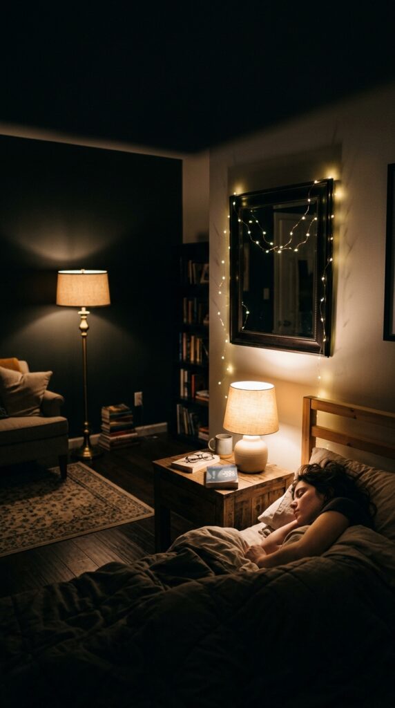 25 Moody Bedroom Ideas For A Rich And Dramatic Feel 010 image prompt a bedroom at night with no ceiling li