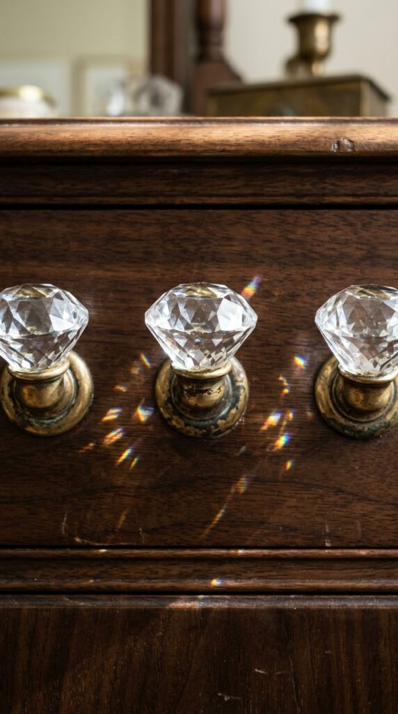 25 Vanity Ideas For A Bedroom With A More Luxurious Touch 011 close up of three faceted crystal knobs mounted on