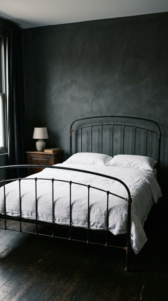 25 Moody Bedroom Ideas For A Rich And Dramatic Feel 011 image prompt a wrought iron bed frame in matte bla
