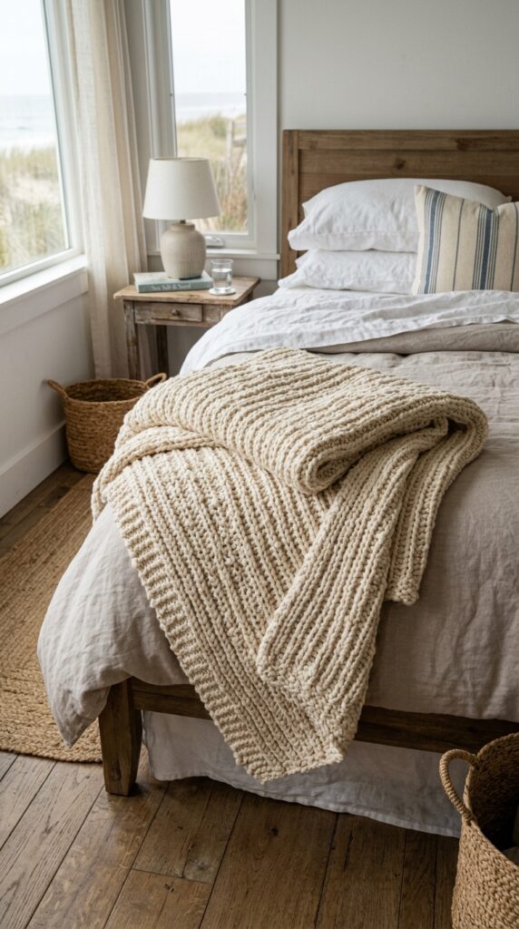 012 a bed folded with a chunky knit cotton blanket in 