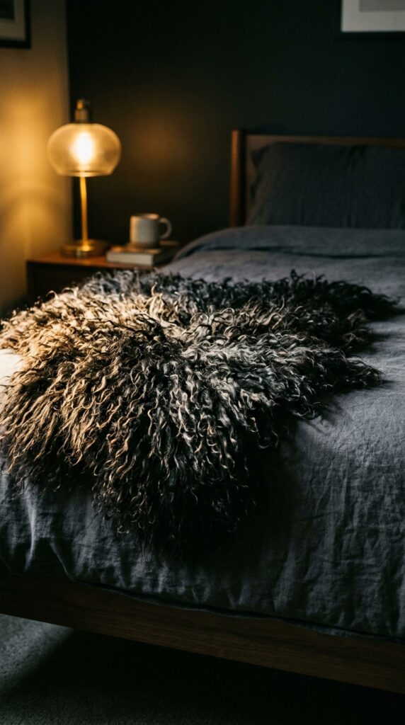 25 Moody Bedroom Ideas For A Rich And Dramatic Feel 012 image prompt a black sheepskin throw draped over t