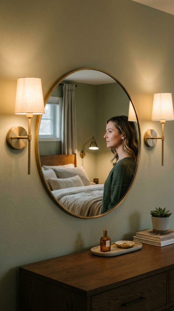 25 Vanity Ideas For A Bedroom With A More Luxurious Touch 013 a large round mirror mounted on a bedroom wall fla