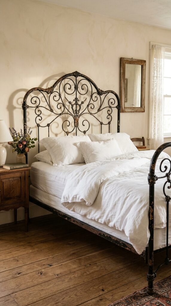 013 a vintage iron bed frame in black with chipped pai